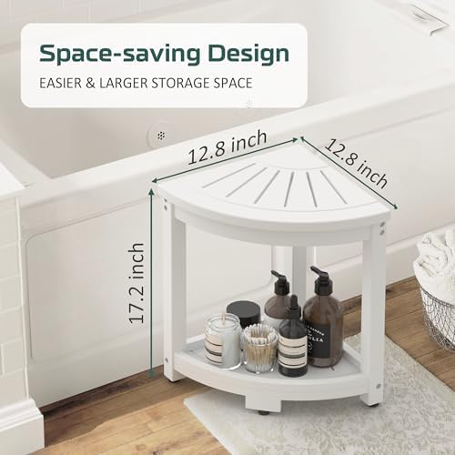 Corner Shower Stool for Inside Shower, HIPS Waterproof Shower Bench Seat Chair, Plastic Bath Shower Stool for Shaving Legs Foot Rest with Storage Shelf, Adjustable & Non-Slip Feet, White