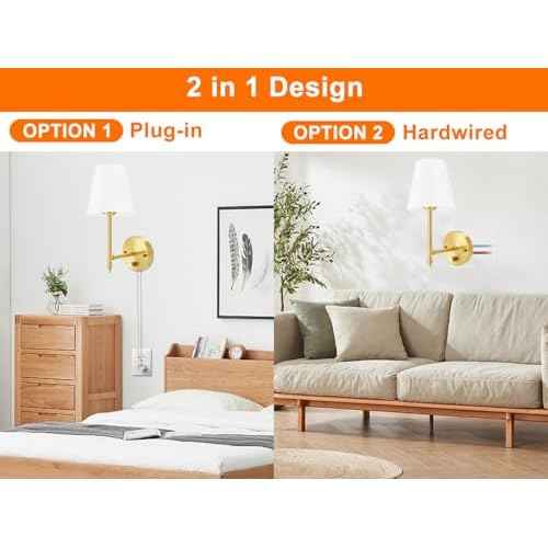 Wall Sconces Set of Two with Remote Control, Dimmable, Adjustable Colors 2700-6500K, Plug in Wall Sconces with White Fabric Shades, Plug in Wall Light, Gold