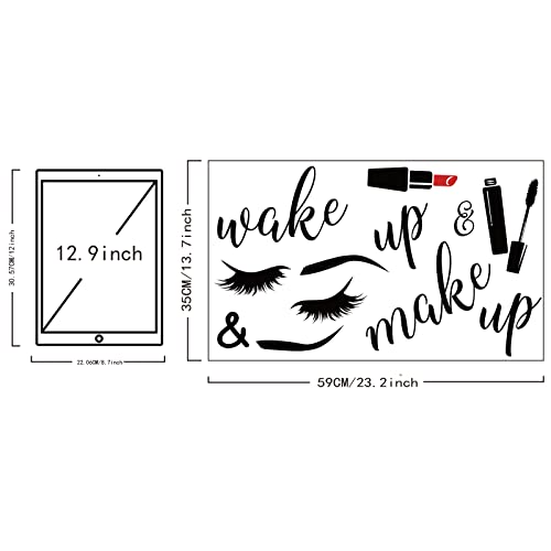 SUPERDANT PVC Wall Stickers Wake Up Make Up Eyelash Cosmetics Pattern Vinyl Lettering Wall Art Decals for Bedroom Powder Room Bathroom Decor 23"x14"