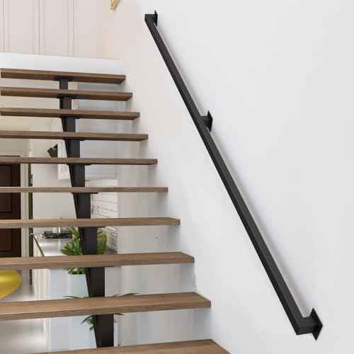 4FT Stair Railings Indoor, Black Iron Railings for Stairs, Industrial Handrail Wall Mounted, Hand Railing for Stairs Indoor 500lbs Load Capacity, Sturdy Stair Railing for Loft Porch Deck, 2 Sections