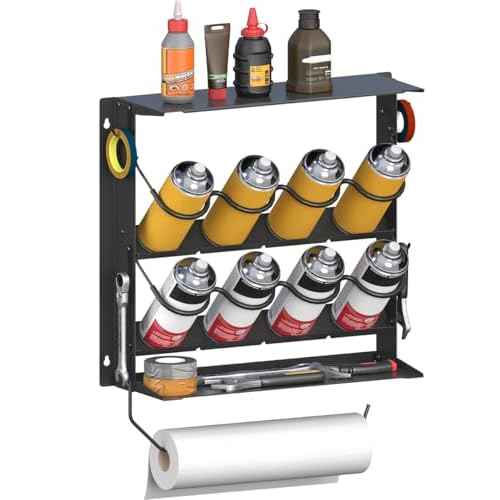 Spray Paint Can Holder with Paper Towel Holder for Home Garage Organizer, Wall Mount Paint Bottle Tool Utility Storage Rack with 8 Holes & 2 Shelf for Shop, Black