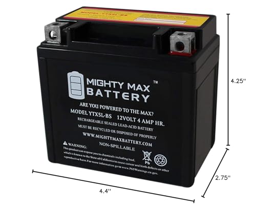 Mighty Max Battery YTX5L-BS -12 Volt 4 AH, 80 CCA, Rechargeable Maintenance Free SLA AGM Motorcycle Battery