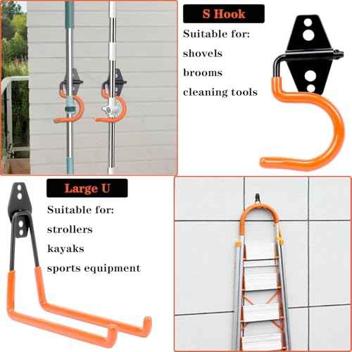 TocTen Garage Hooks, 14 Pack Garage Storage Hook Heavy Duty Solid Steel Wall Hooks, Wall Mount Storage Hook Kit with Anti-Slip Coating Ladder Hooks for Hanging Garden Tools Chair Hose Ropes (Orange)