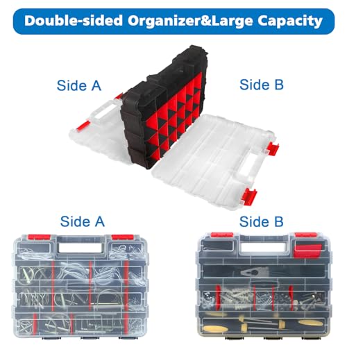 Double Side Tool Box Organizer, Hardware Storage Box, Portable Small Parts Organizer with Removable Plastic Dividers for Screws, Nuts, Nails, Bolts (Red)
