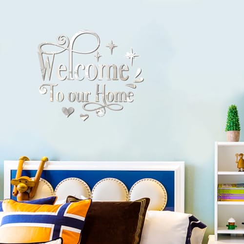INCAUCA Welcome to Our Home Wall Decor Sticker, Home Acrylic 3D Mirror Wall Decal, Removable Art Letter Sign, Wall Door Quote Decoration DIY for Living Room Bedroom Sofa TV Background (Silver)