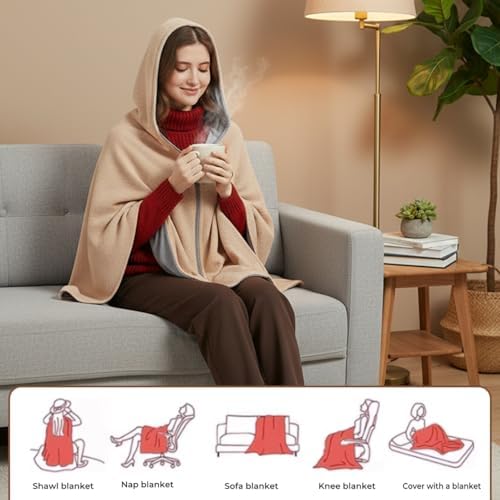 Heated Shawl Wraps for Women Men - Electric Blanket with Hoodie, Winter Warm Shawl Heating Scarf for Camping Fishing