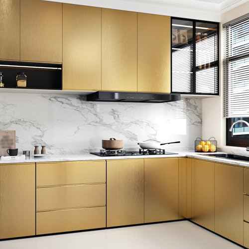 WESTICK Stainless Steel Gold Contact Paper Removable Metallic Gold Wallpaper Peel and Stick Brushed Golden Contact Paper Stainless Steel Vinyl Fridge Wrap for Appliances Cabinets Countertops 15.8"x80"