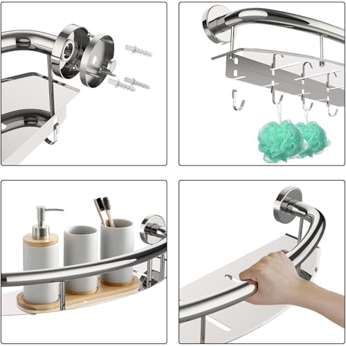 Polished Chrome Safety Grab Bar 18-inch with Storage Shelf for Bathtub or Shower, Drainage Holes, Stainless Steel, Wall Mounted Grab Bars for Elderly Injured Balance Support