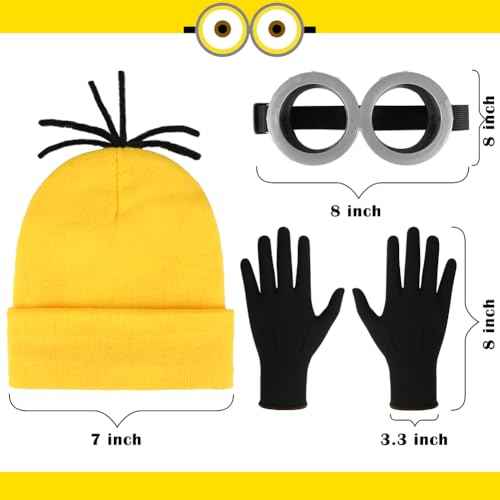 3Pcs Halloween Costume Accessories Adults Steampunk Goggles Glasses Yellow Beanie Hat Black Gloves for Men Women Halloween Cosplay Party