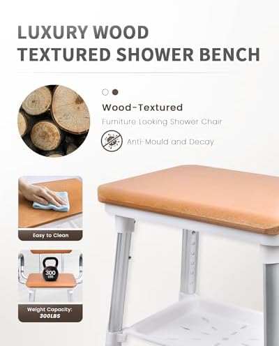 Sangohe Shower Chair for Inside Shower, Shower Chair with Wood Seat Board and Back, Height Adjustable Shower Chair for Elderly and Disabled, 400 lbs Heavy Duty Shower Seat for Seniors, 796D-A