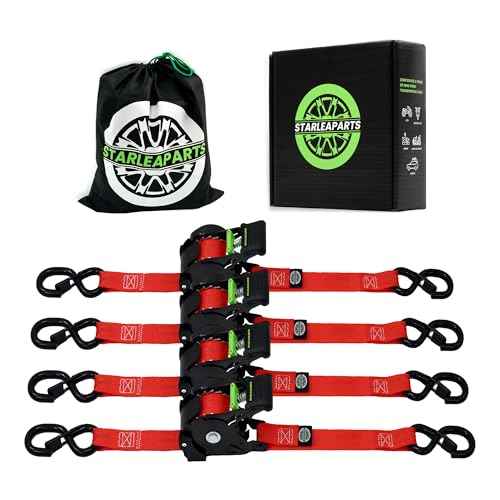 Retractable Ratchet Straps(4PK 1.0INX12FT) - 1,500lb Break Strength, Ratchet Strap Heavy Duty with Rubber Coated Handle, Perfect Auto Ratchet Straps for Motorcycle,Trucks (Red)