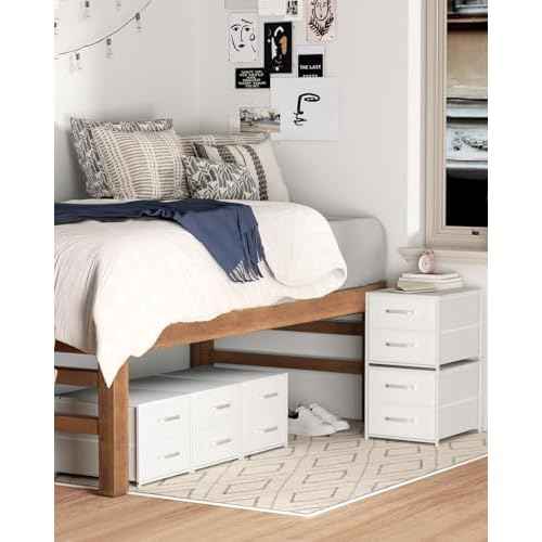 Stackable Storage Drawers - 2 Tier Closet Drawers, Closet Organizer with Metal Handles, Night Stand with Collapsible Bins, Fabric Dresser for Bedroom, Dorm, Office, White, 1 Pack