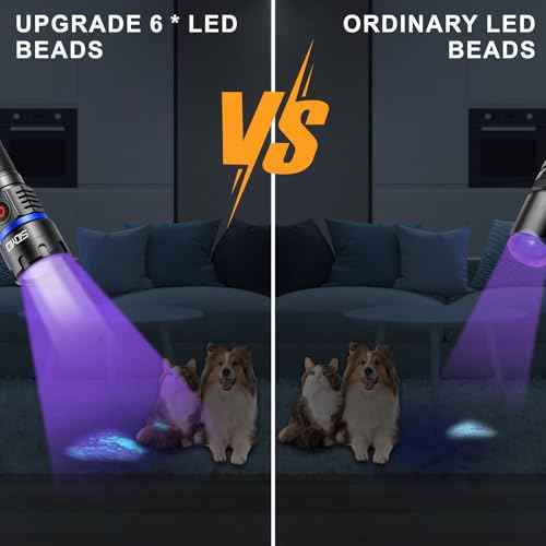365nm UV-Flashlight Blacklight, 60W 6*LED Beads, 5000mAh Rechargeable Black Light, IP65 Waterproof Blacklight Flashlights for Pet Urine Detection, Resin Curing, Rock Hunting, Mineral Detection