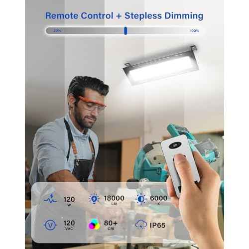 120W High Bay LED Shop Lights with Remote Control, 18000LM 6000K Aluminum Garage Light, LED Work Lights, Plug & Play Lighting for Warehouse, Basement, Workshop, 5' Cable and US Plug, 4 Pack