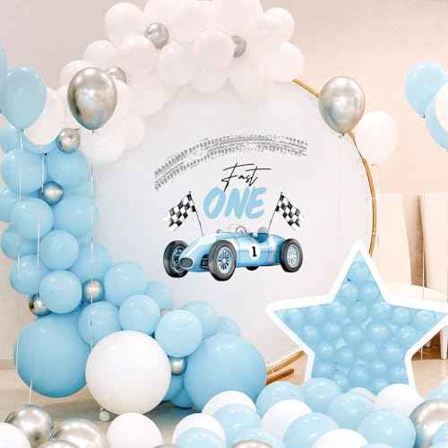 Fast One Birthday Racing Decal Race Car Checkered Flag Welcome Sign Decal Fast One 1st Birthday Backdrop Decorations for Boys Balloon Arch