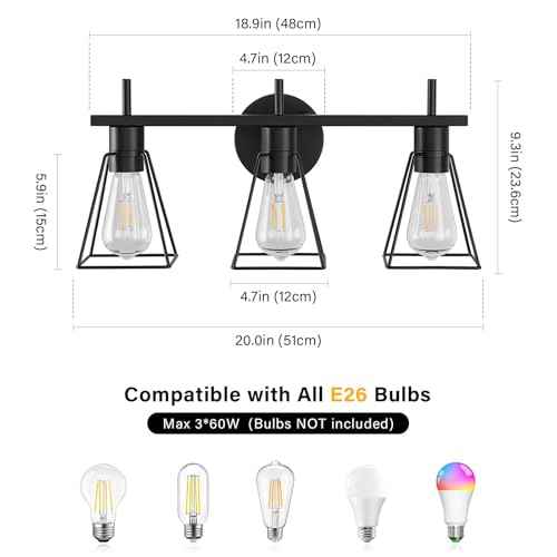 Farmhouse Bathroom Vanity Light Fixtures Over Mirror, Matte Black 3-Light Wall Sconce with Metal Cage, E26 Socket (Bulbs Not Included)