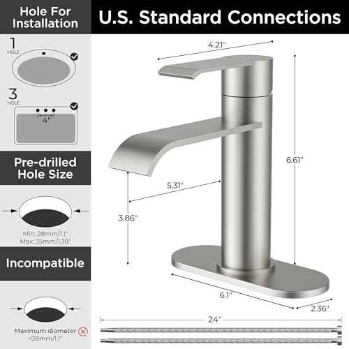 FORIOUS Brushed Nickel Bathroom Faucets, Modern Waterfall Bathroom for 1 or 3 Hole, Single Handle Faucets with Metal Pop Up Drain and 24" Supply Hoses