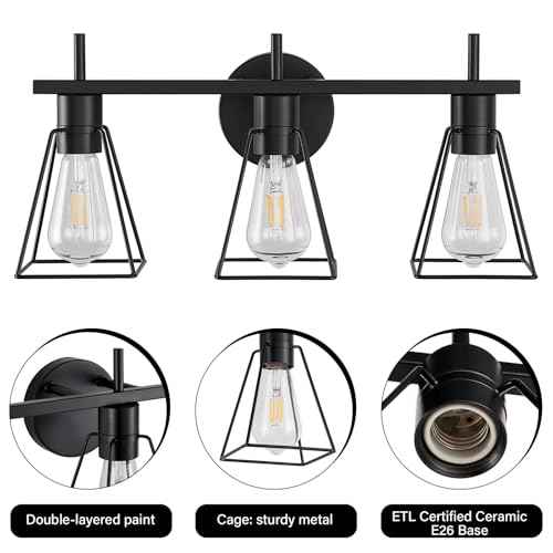 Farmhouse Bathroom Vanity Light Fixtures Over Mirror, Matte Black 3-Light Wall Sconce with Metal Cage, E26 Socket (Bulbs Not Included)
