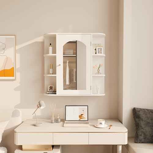 Bathroom Wall Cabinet, Medicine Cabinet with Mirror and Adjustable Shelves,White Wall Mounted Cabinet Over The Toile,3-Tier Wood Hanging Storage for Bathroom,Kitchen,Living,Laundry Room
