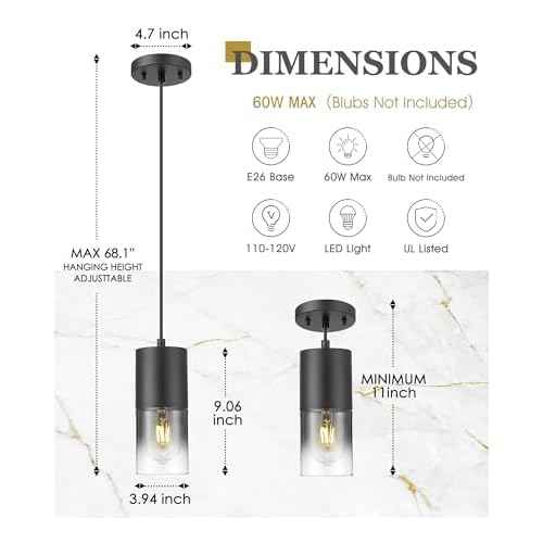 2-Pack Pendant Lights Kitchen Island, Hanging Lights Fixtures with Cylinder Black Gradient Glass, Modern Kitchen Pendant Lighting Over Island for Dining Room, AD-24023-1P2-BK-SM