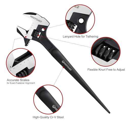MAXPOWER 16-inch Adjustable Construction Spud Wrench, 4 in 1 Multifunctional Use for Spud Wrench, Adjustable Wrench and Hammer, Max Jaw Capacity Ups to 1.57"