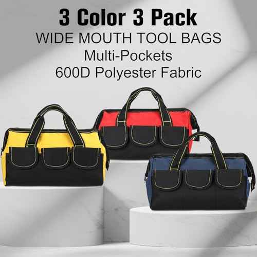 Sanwuta 3 Pack Tool Bag for Men with Waterproof Hard Bottom, Heavy Duty Tool Bag Wide Mouth Tote for Various Instrument, Electrician Carpenter Mechanic (18 Inch,Blue, Red, Yellow)