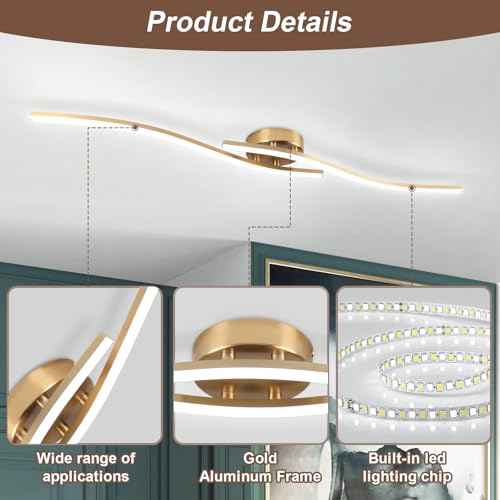 28W Linear Ceiling Light Gold Modern LED Ceiling Light Fixture 6000K Aluminum 39.37Inch Long Ceiling Lamp for Hallway, Kitchen, Bedroom, Dining Room
