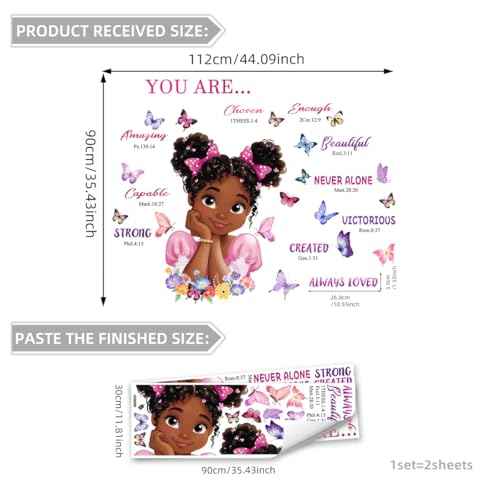 Black Girls Inspirational Wall Decals 44x35in - Pink Purple, Floral Butterfly Scripture Quotes, Peel and Stick Removable for Bedroom Nursery