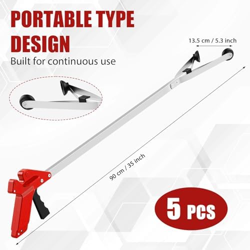 Sabary 5 Pack Suction Cup Reacher Grabber Heavy Trash Picker Grabber Tool, Long Handy Aids Nonslip Claw Reach Tool for Elderly Pick up Stick Arm Extension Litter Picker (Red)