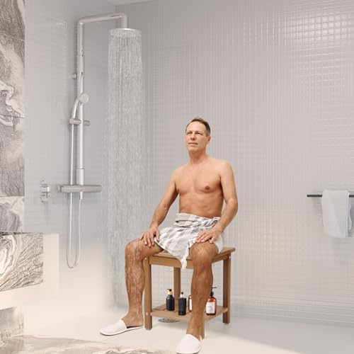 Shower Chair, HDPE Shower Bench for Inside Shower to Sit On It, Shower Stool with Storage Shelf 2-Tier Spa Stool for Elderly,Water Resistant & Non-Slip Design Shower Seat Bench (Teak S Size)