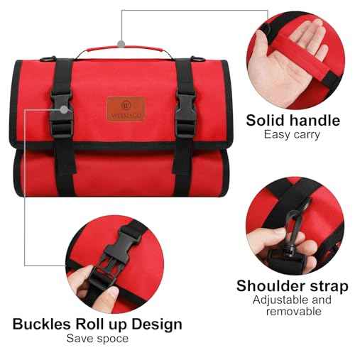 Canvas Tool Roll Up Bag, Multi-Purpose Wrench Organizer, Hvac Tool Bag with 4 Pockets (Red)
