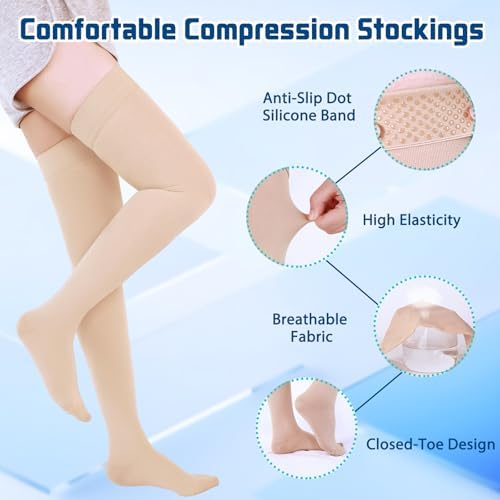 Medical Compression Stockings for Women and Men, 20-30 mmHg Thigh High Compression Socks Women Closed Toe Graduated Compression Socks for Varicose Veins, Edema, DVT, Dot-Top(Beige,XL)
