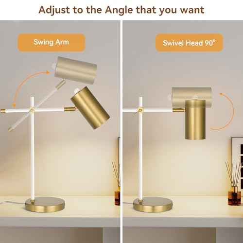 Modern White and Gold Desk Lamp, Minimalist Industrial Table Lamp with Swing Arm, for Study Room Home Office Bedroom Bedside Nightstand