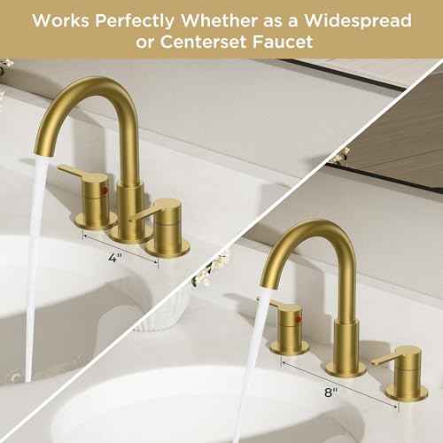 8 Inch 3 Hole Bathroom Faucets Brushed Gold, Widespread Vanity Faucet with Aerator, 360¡Æ Swivel High Arc Spout, Spot-Free Finish, cUPC NSF Certified, CEC & DOE Compliant, 2 Handle Sink Faucet