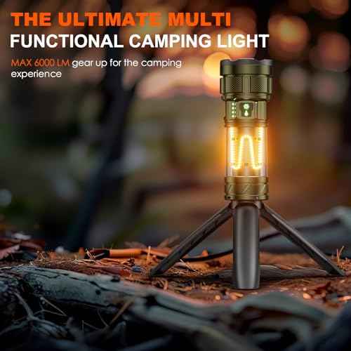 Camping Flashlight 11 Light Modes, 6000Lumens Super Bright Flashlight Rechargeable with IPX7 Waterproof & 60H Long Life Battery & Camping Lantern Tripod, Flash Light for Outdoor Camping, Home