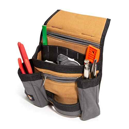 Dickies 11-Pocket Tool/Utility Storage Pouch for Tool Belt, Durable Canvas, Puncture-Resistant Backing, Screwdriver Pockets, Zippered Security Pocket, Hammer Loop, 2-inch Tunnel Loop, Grey/Tan