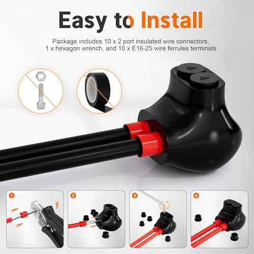 Joinfworld 2 Port Insulated Multi Tap Connector Aluminum to Copper Wire Connectors 4-14AWG Single Side Entry Aluminum Black Electrical Cable Connectors with Slotted Allen Hex - 10 Pack