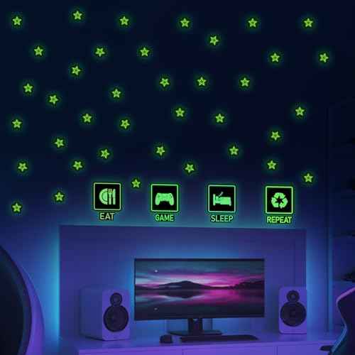 Glow in The Dark Neon Game Wall Stickers, EAT Sleep Game Repeat Wall Decals, Luminous Stars Gaming Boy Room Decor, Kids Bedroom Playroom Nursery Party Decorations