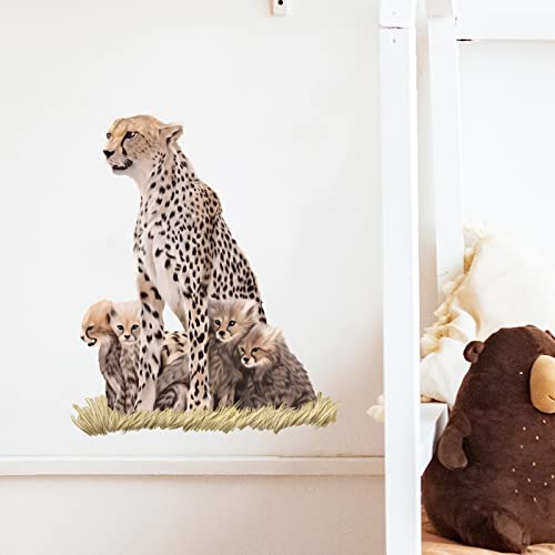 Wild Cheetah and Its Cubs Wall Decal Nursery Animal Wall Sticker Removable Peel and Stick Waterproof Wall Art Decor for Kids Baby Classroom Preschool Living Room Playing Room Bedroom School
