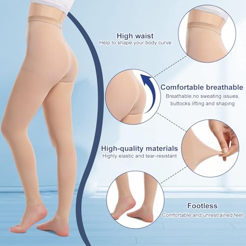 Medical Compression Pantyhose for Women & Men, 20-30mmHg Graduated Support Tights, Opaque Footless High Waist