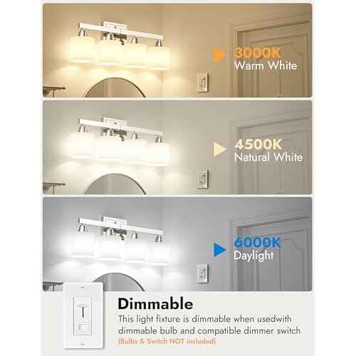 VOLISUN Brushed Nickel Bathroom Light Fixtures, 4-Light Bathroom Vanity Lights Over Mirror, Modern Vanity Light for Bathrooms, Bathrooms Lights Fixtures Over Mirror with Milky White Glass Shades