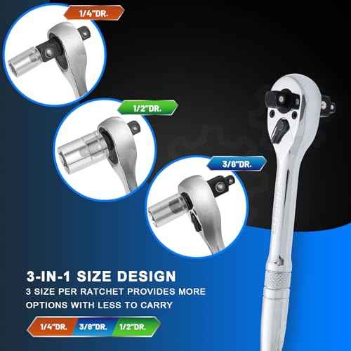 3-IN-1 Ratchet Handle,1/4",3/8",1/2" Drive Ratchet Wrench,72-Tooth Reversible Switch,Full-Polished Chrome Plating,Chromium Vanadium Steel,3/8 Pole