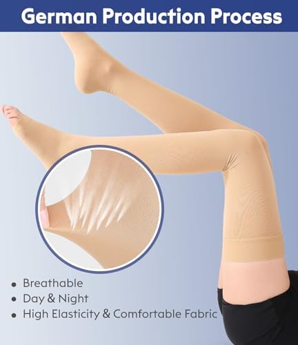 Thigh High Compression Stockings Toeless - Unisex, Opaque, KEKING 15-20mmHg Graduated Compression Leg Support Hose with Anti-Slip Silicone Band - Swelling, Varicose Veins, Edema, Travel,Beige 4X-Large