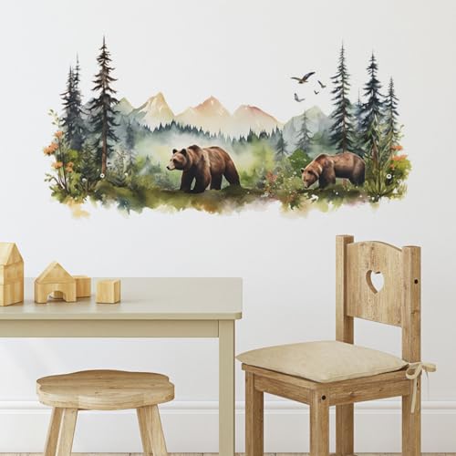 Animals Wall Stickers Mountain Forest Wall Decal for Nursery Bedroom, Wild Jungle Animal Wall Deals Vivid Bears Wall Art Murals Peel and Stick Home Decors for Study Room Living Room