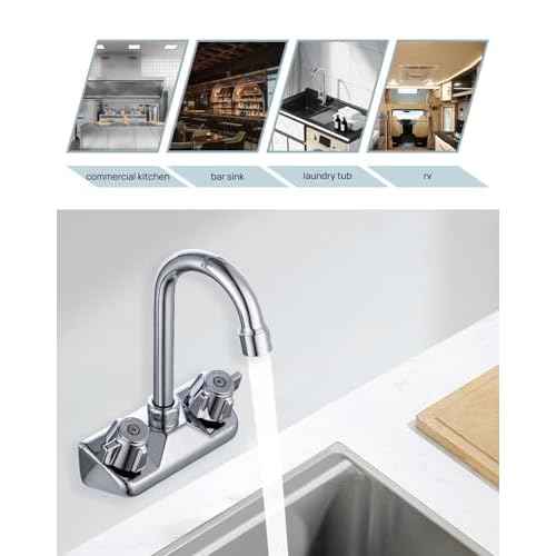 4" Center Hand Sink Faucet Kitchen Faucet Wall Mount Back Mount, Commercial Sink Faucet for Restaurant Triple 3 Compartment Sink, Gooseneck Knob Handle 2 Hole Industrial Laundry Bar, Brass