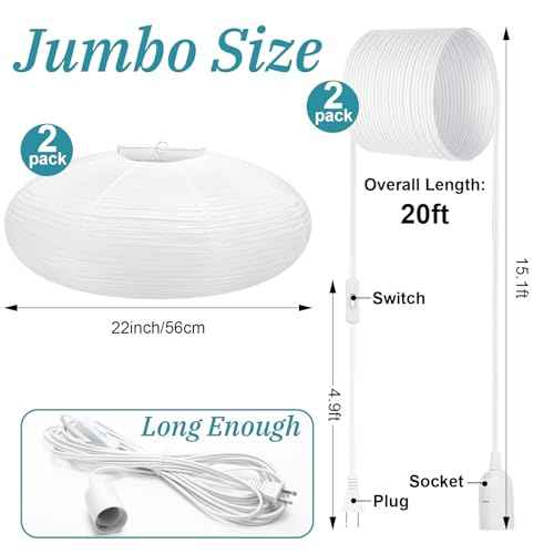 2 Sets Jumbo Paper Lanterns with Lamp Cord Cable White Hanging Paper Lanterns Chinese Japanese Pendant Hanging Lamp for Birthday Wedding Bridal Anniversary Party Decoration (Oval,22 Inch)