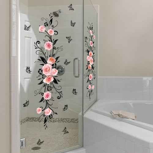 Runtoo Flower Vine Window Cling Decals Rose Floral Anti-Collision Window Stickers Butterfly Glass Door Wall Decor for Bathroom Living Room Bedroom Nursery Office