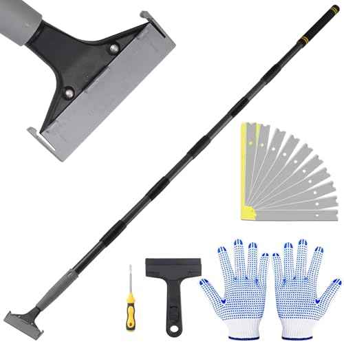 Floor Scraper Long Handle,16 to 90In 4 inch Heavy Duty Razor Blades Floor Scraper with 10PC Blades Sponge Handle Iron Tube Scraper for Cleaning Quick and Easy Removal Price Stickers