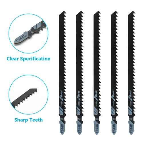 5Pcs T344D T-Shank Jigsaw Blades, 6 Inch Long Jigsaw Blades High Carbon Steel Jig Saw Blade for Quick Cutting Wood Plywood Hardwood PVC Plastic