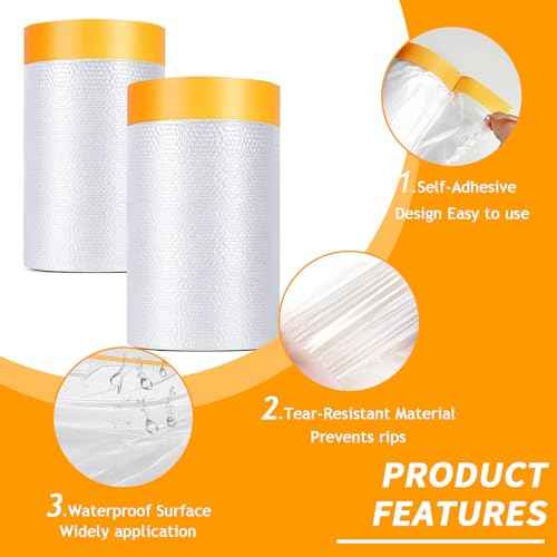 Painters Plastic with Tape 22" x 66',Pre-Taped Masking Film for Painting,Paint Protection Film with Built-in Tape, Drip-Free Painting for Cars,Walls, Floors, Furniture£¨2 Rolls£©